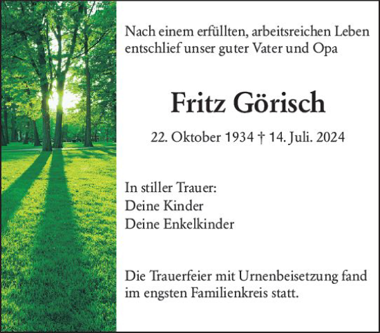 Traueranzeige von Fritz Görisch von Darmstädter Echo