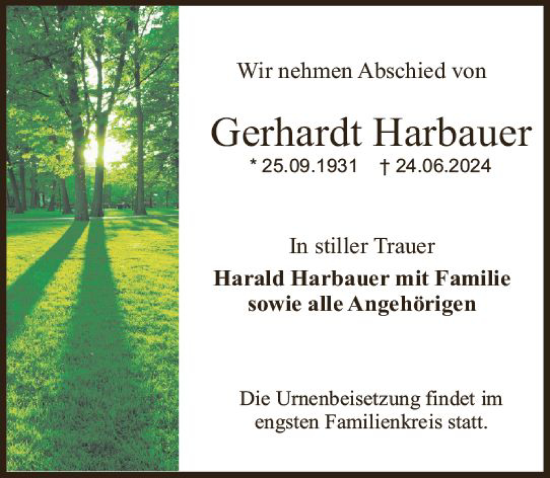 Traueranzeige von Gerhardt Harbauer von Odenwälder Echo