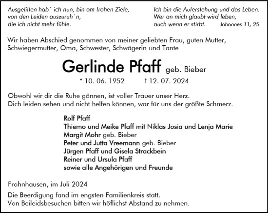 Traueranzeige von Gerlinde Pfaff von Dill Block