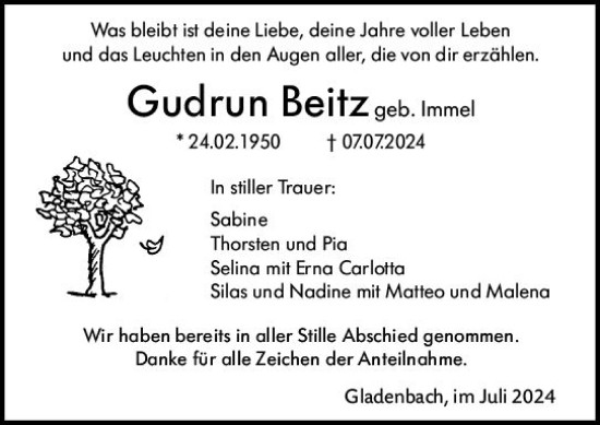 Traueranzeige von Gudrun Beitz von Hinterländer Anzeiger