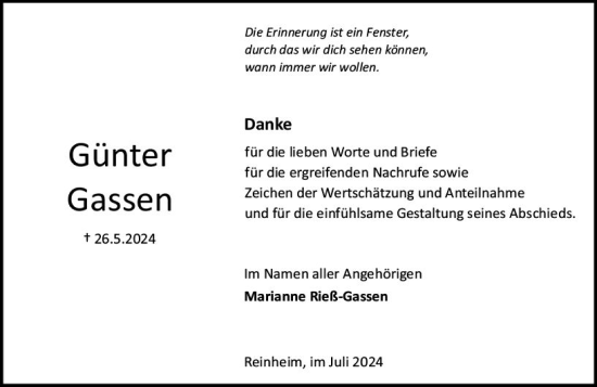 Traueranzeige von Günter Gassen von Darmstädter Echo
