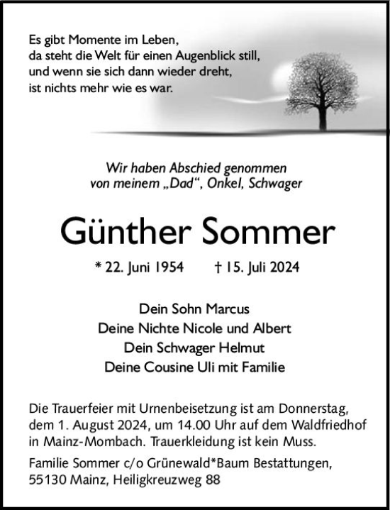 Traueranzeige von Günther Sommer von Allgemeine Zeitung Mainz