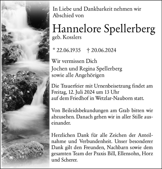Traueranzeige von Hannelore Spellerberg von Wetzlarer Neue Zeitung