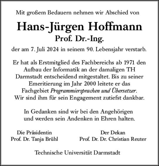 Traueranzeige von Hans-Jürgen Hoffmann von Darmstädter Echo