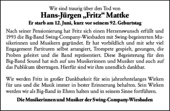 Traueranzeige von Hans-Jürgen  Mattke von Wiesbadener Kurier