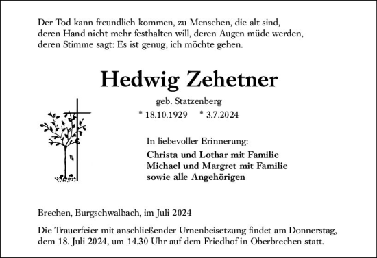 Traueranzeige von Hedwig Zehetner von Camberger Anzeiger