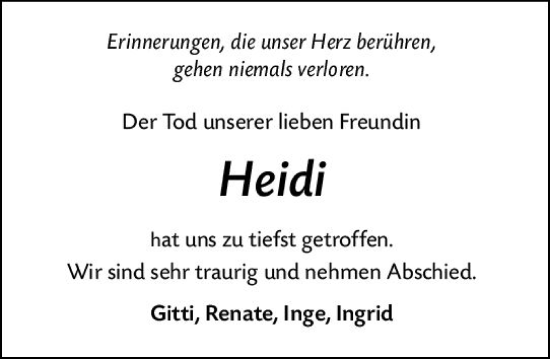 Traueranzeige von Heidi  von Hinterländer Anzeiger