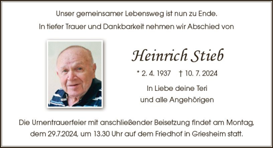 Traueranzeige von Heinrich Stieb von Darmstädter Echo