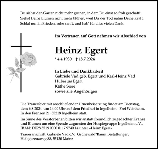 Traueranzeige von Heinz Egert von Allgemeine Zeitung Rheinhessen-Nahe
