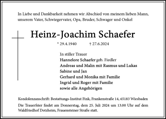 Traueranzeige von Heinz-Joachim Schaefer von Wiesbadener Kurier