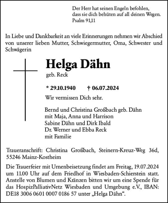 Traueranzeige von Helga Dähn von Wiesbadener Kurier