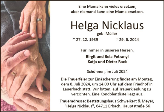 Traueranzeige von Helga Nicklaus von Odenwälder Echo