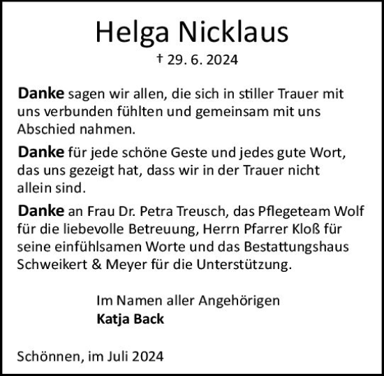 Traueranzeige von Helga Nicklaus von Odenwälder Echo