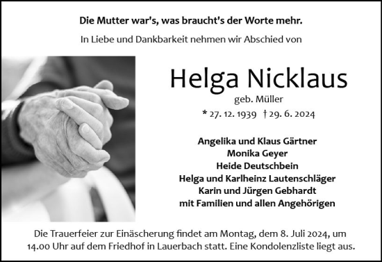 Traueranzeige von Helga Nicklaus von Odenwälder Echo