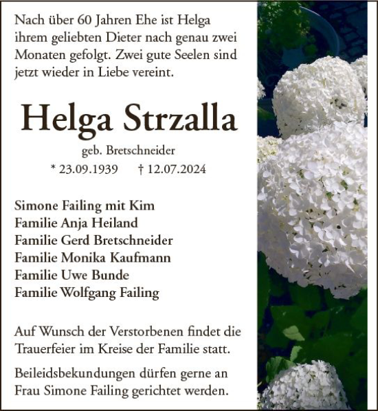 Traueranzeige von Helga Strzalla von Wetzlarer Neue Zeitung