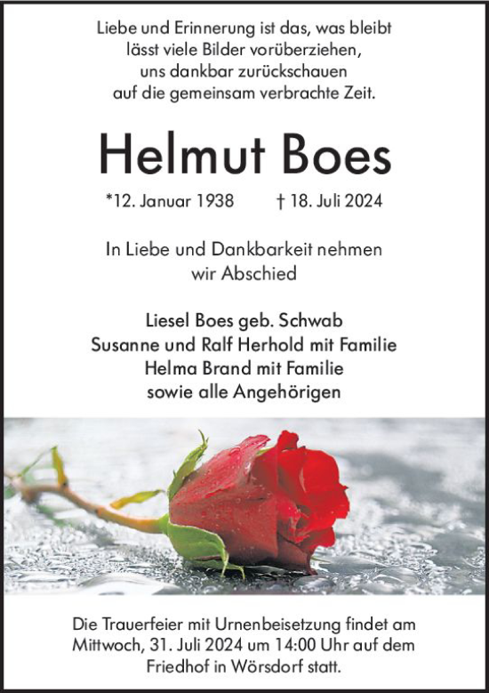 Traueranzeige von Helmut Boes von Idsteiner Land/Untertaunus