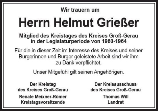 Traueranzeige von Helmut Grießer von Groß-Gerauer Echo