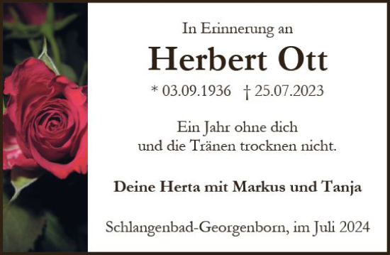 Traueranzeige von Herbert Ott von Wiesbadener Kurier