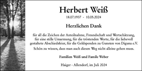 Traueranzeige von Herbert Weiß von Dill Block