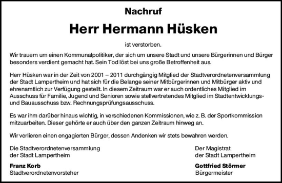 Traueranzeige von Hermann Hüsken von Starkenburger Echo