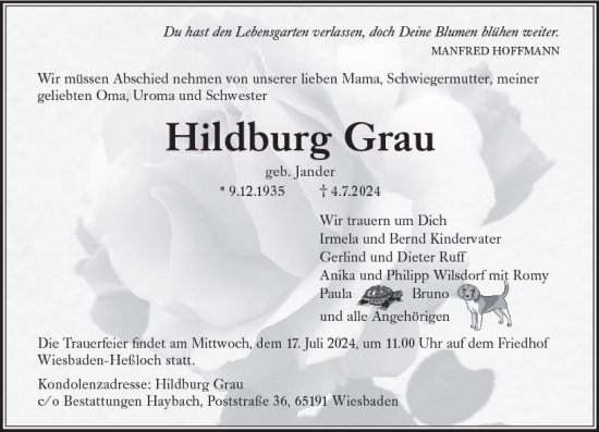 Traueranzeige von Hildburg Grau von Wiesbadener Kurier