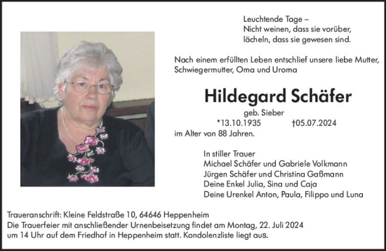 Traueranzeige von Hildegard Schäfer von Starkenburger Echo