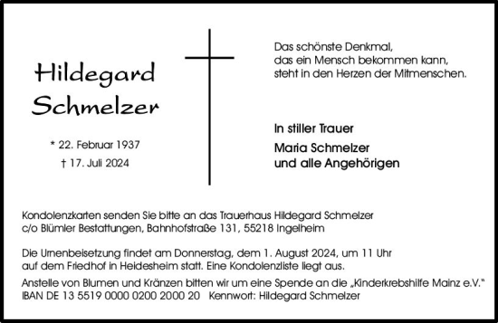 Traueranzeige von Hildegard Schmelzer von Allgemeine Zeitung Rheinhessen-Nahe