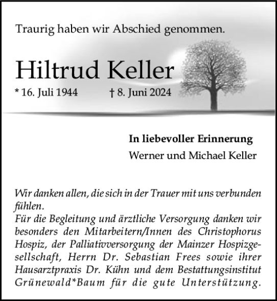 Traueranzeige von Hiltrud Keller von Allgemeine Zeitung Mainz
