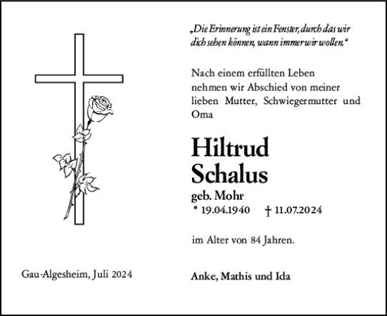 Traueranzeige von Hiltrud Schalus von Allgemeine Zeitung Mainz