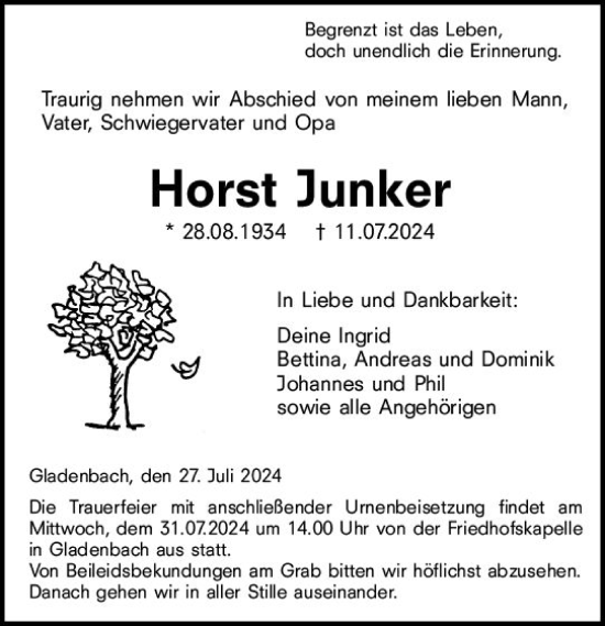 Traueranzeige von Horst Junker von Hinterländer Anzeiger