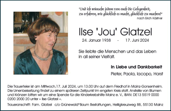 Traueranzeige von Ilse Glatzel von Allgemeine Zeitung Mainz