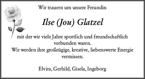 Traueranzeige von Ilse Glatzel von Allgemeine Zeitung Mainz