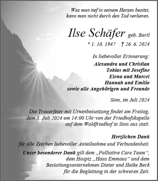 Traueranzeige von Ilse Schäfer von Dill Block