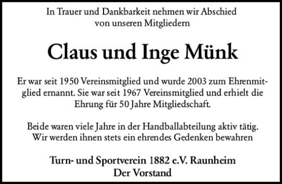 Traueranzeige von Inge Münk von Rüsselsheimer Echo