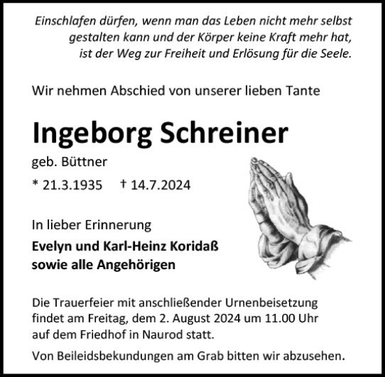 Traueranzeige von Ingeborg Schreiner von Wiesbadener Kurier