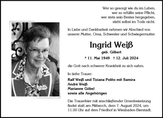 Traueranzeige von Ingrid Weiß von Wiesbadener Kurier