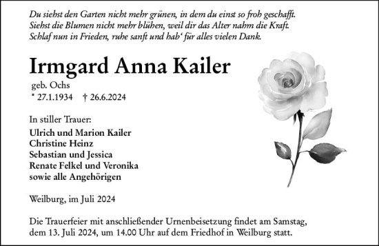 Traueranzeige von Irmgard  Kailer von Weilburger Tageblatt