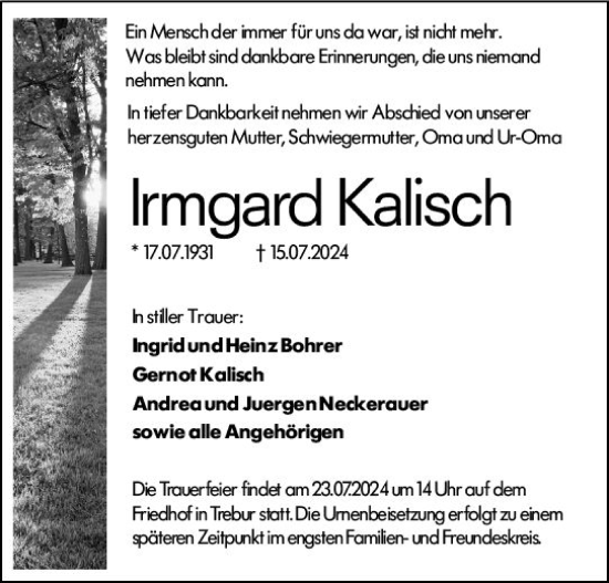 Traueranzeige von Irmgard Kalisch von Rüsselsheimer Echo