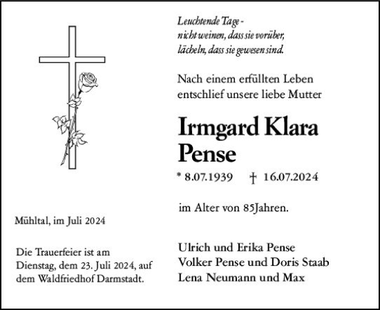 Traueranzeige von Irmgard Klara Pense von Darmstädter Echo
