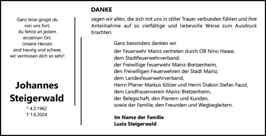 Traueranzeige von Johannes Steigwald von Allgemeine Zeitung Mainz