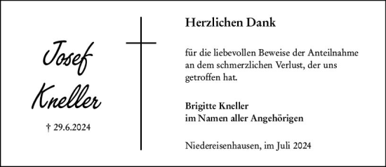 Traueranzeige von Josef Kneller von Hinterländer Anzeiger