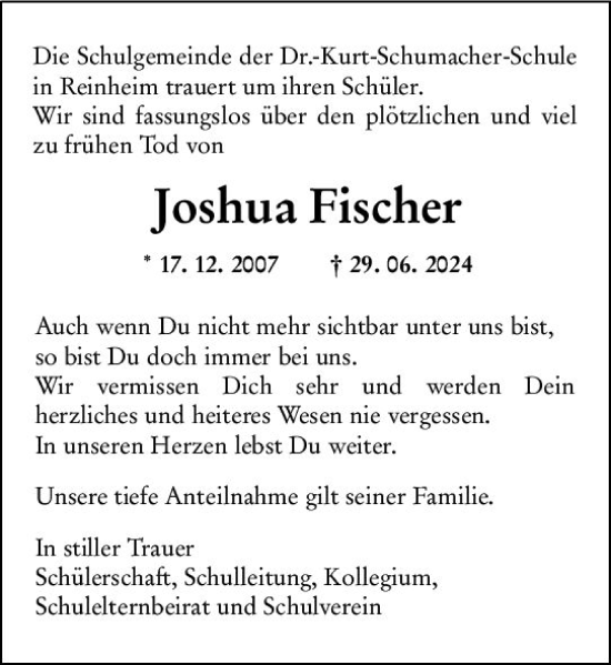 Traueranzeige von Joshua Fischer von Darmstädter Echo