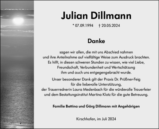 Traueranzeige von Julian Dillmann von Weilburger Tageblatt