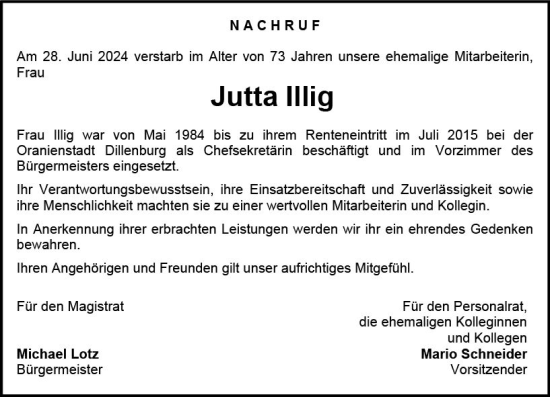 Traueranzeige von Jutta Illig von Dill Block