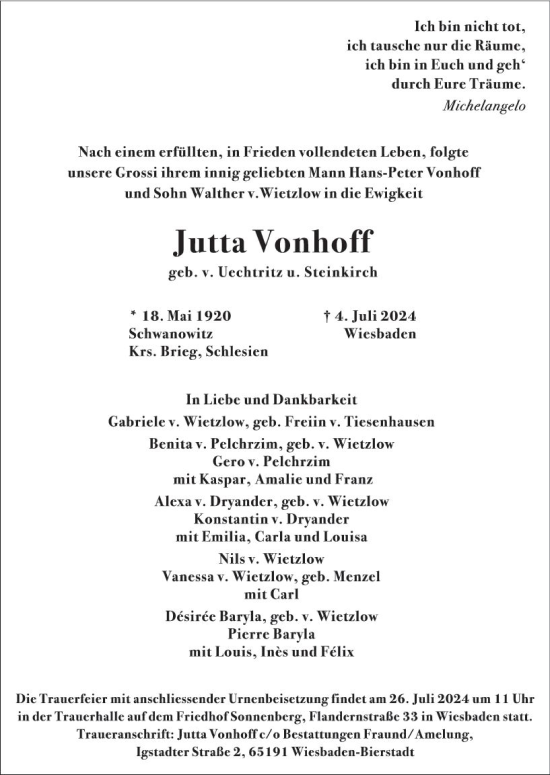 Traueranzeige von Jutta Vonhoff von Wiesbadener Kurier