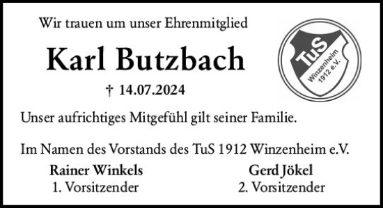 Traueranzeige von Karl Butzbach von Allgemeine Zeitung Rheinhessen-Nahe