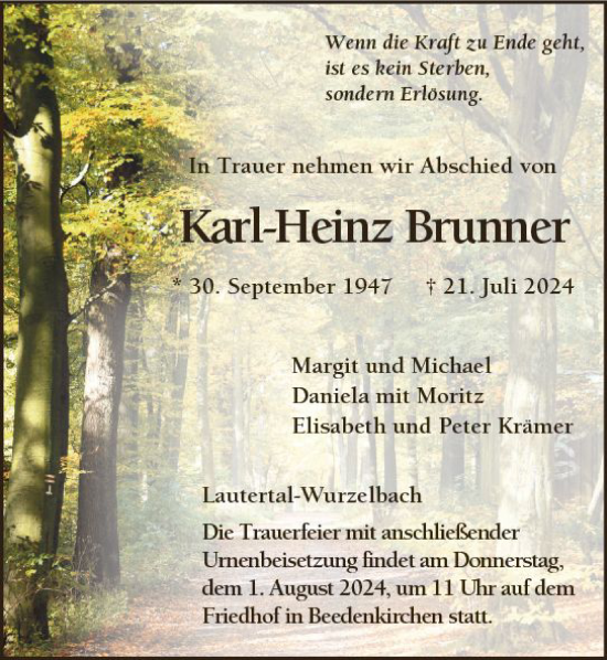 Traueranzeige von Karl-Heinz Brunner von Darmstädter Echo