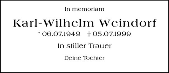 Traueranzeige von Karl-Wilhelm Weindorf von Allgemeine Zeitung Alzey