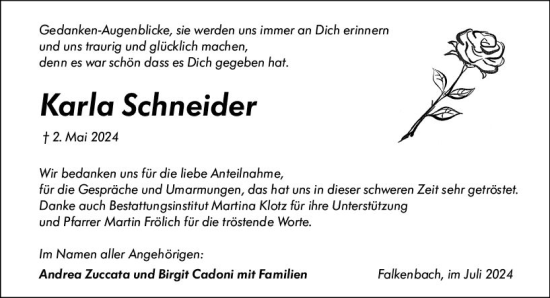 Traueranzeige von Karla Schneider von Weilburger Tageblatt