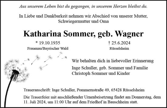 Traueranzeige von Katharina Sommer von Rüsselsheimer Echo